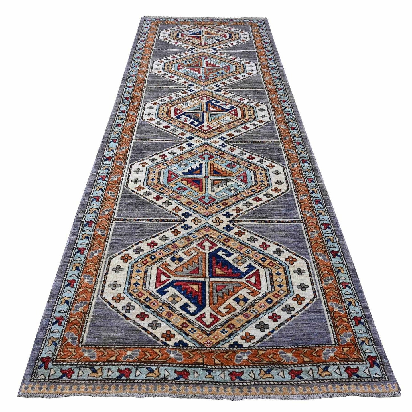 4'1"X11'9" Gray Wide Runner Afghan Village Design Wool Hand Knotted Rug