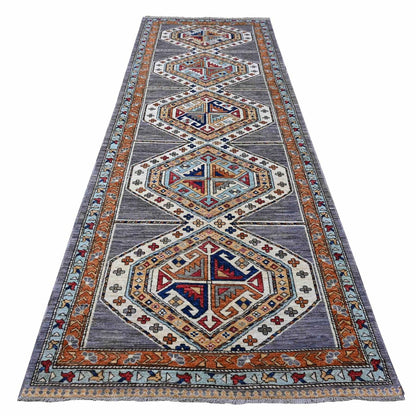 4'1"X11'9" Gray Wide Runner Afghan Village Design Wool Hand Knotted Rug