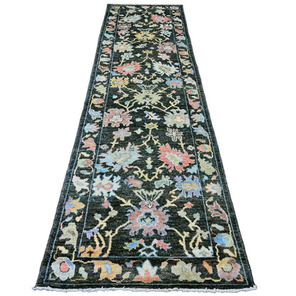 3'3"X11'6" Black Angora Oushak Leaf Design Hand Knotted Wool Runner Rug