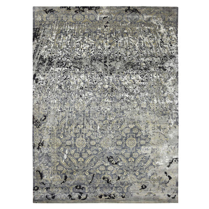 9'X12'2" Gray Erased Zoroastrian Design Wool And Silk Hand Knotted Rug