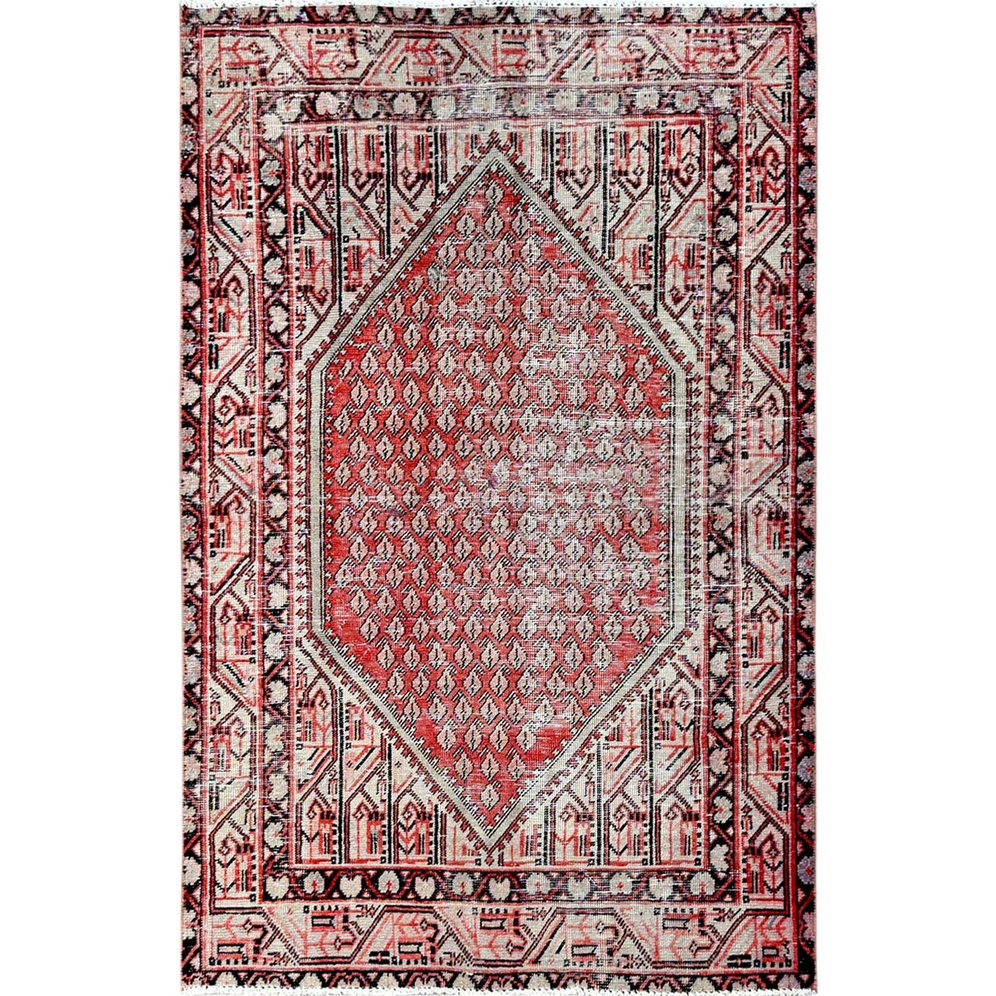 3'10"X6'1" Red Vintage Zoroastian Saroogh Mir Hand Knotted Pure Wool Rug