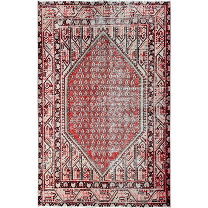 3'10"X6'1" Red Vintage Zoroastian Saroogh Mir Hand Knotted Pure Wool Rug