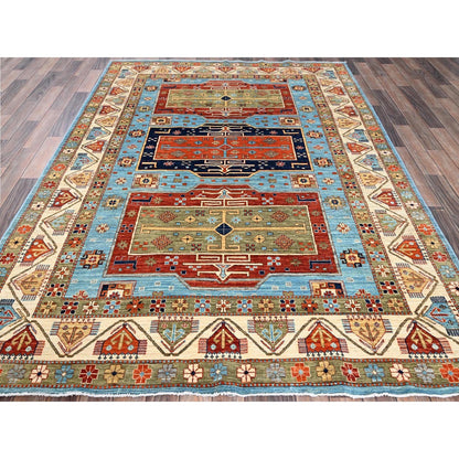 6'X8'6" Maya Blue Armenian Inspired Caucasian Design Wool Hand Knotted Rug