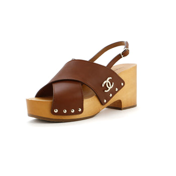 Chanel Women'S Cc Slingback Platform Wedge Sandals Leather And Wood