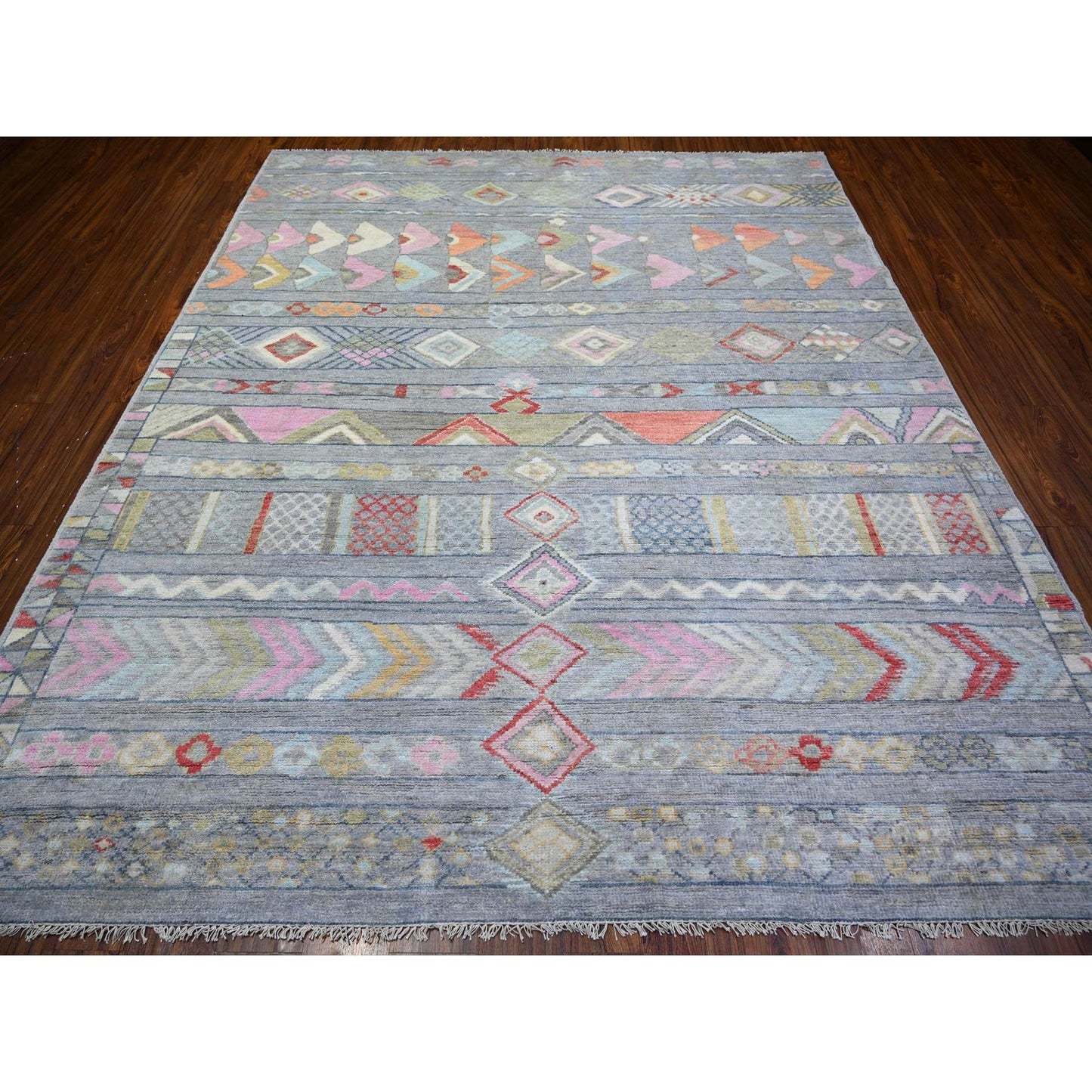 8'2"X9'8" Gray Wool Hand Knotted Beni Ourain Moroccan Berber Design Rug