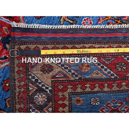 2'8"X9'7" Blue Afghan Caucasian Design Revival Wool Hand Knotted Runner Rug