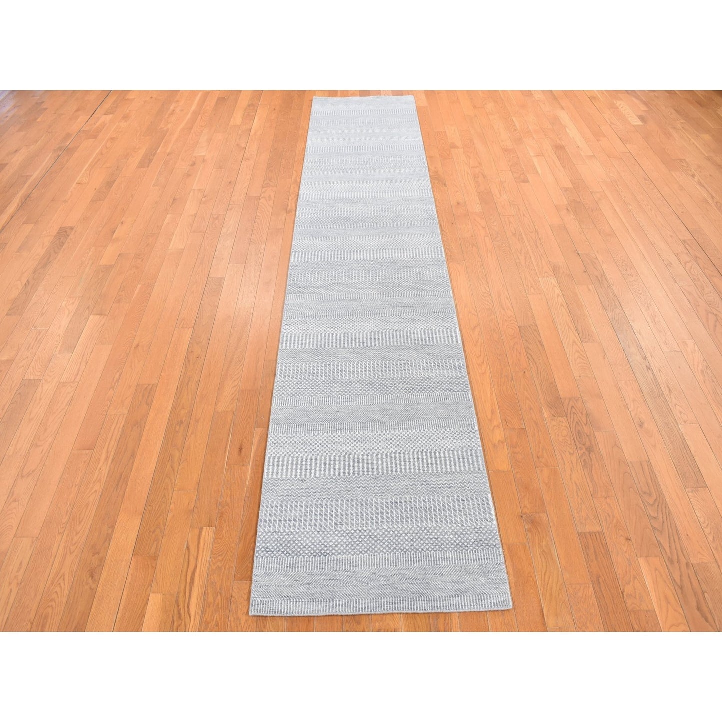 Rug 2'6"x12' Blue Grass Design Hand Knotted Wool and Silk Modern Runner