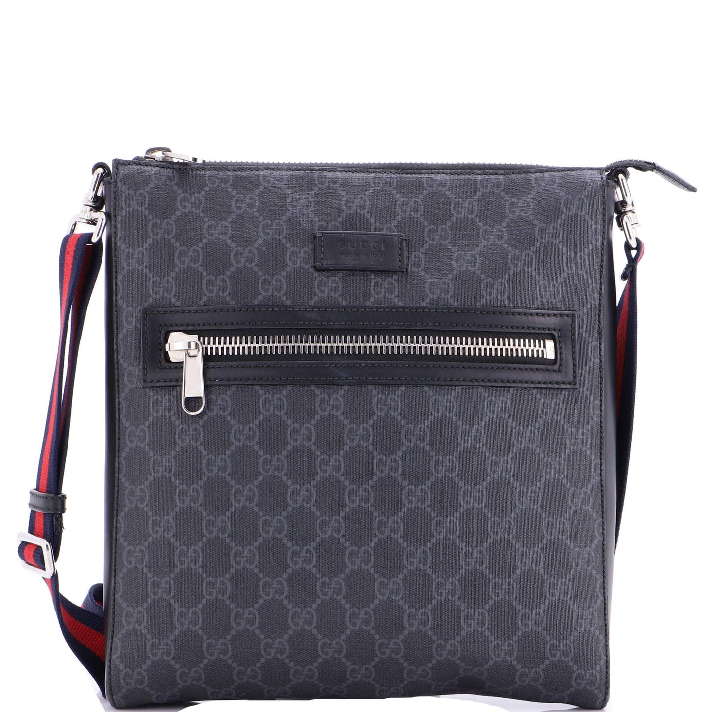 Gucci Web Strap Front Zip Messenger Bag Gg Coated Canvas Medium