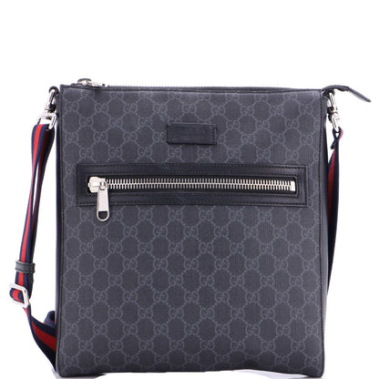 Gucci Web Strap Front Zip Messenger Bag Gg Coated Canvas Medium