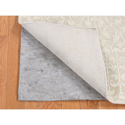 2'5"X6' Ivory Hand Knotted Tone On Tone Pure Silk With Wool Runner Rug