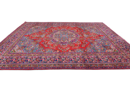 Vintage Hand-Knotted Wool Oriental Rug 10X13 Red Floral Classic Design Carpet