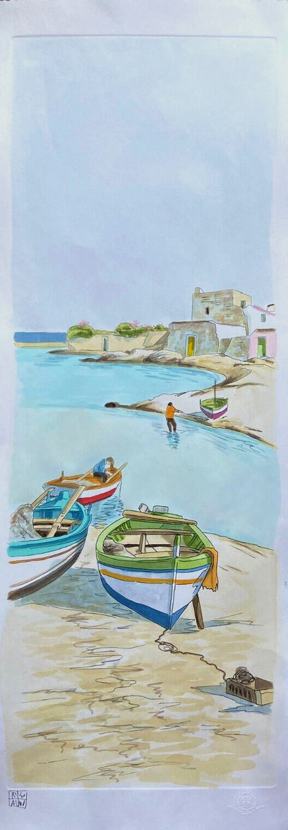 Aldo Riso ''Porticciolo'' Hand Painted 35X100 Authenticated Stamped