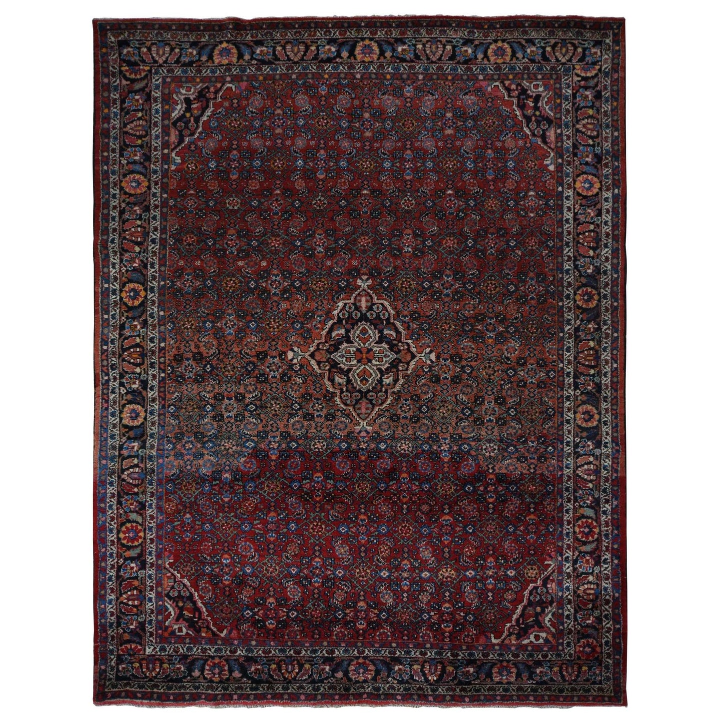 8'5"X11'3" Pompeian Red Wool Hand Knotted Antique Zoroastrian Hamadan Rug