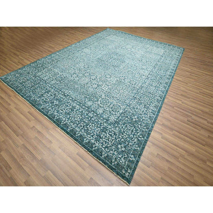 9'X12'1" Teal Pre Historic Mamluk Design Hand Knotted Wool Oriental Rug