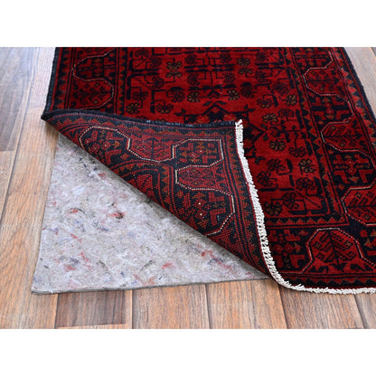 1'10"X5'1" Red Afghan Khamyab Geometric Hand Knotted Soft Wool Runner Rug