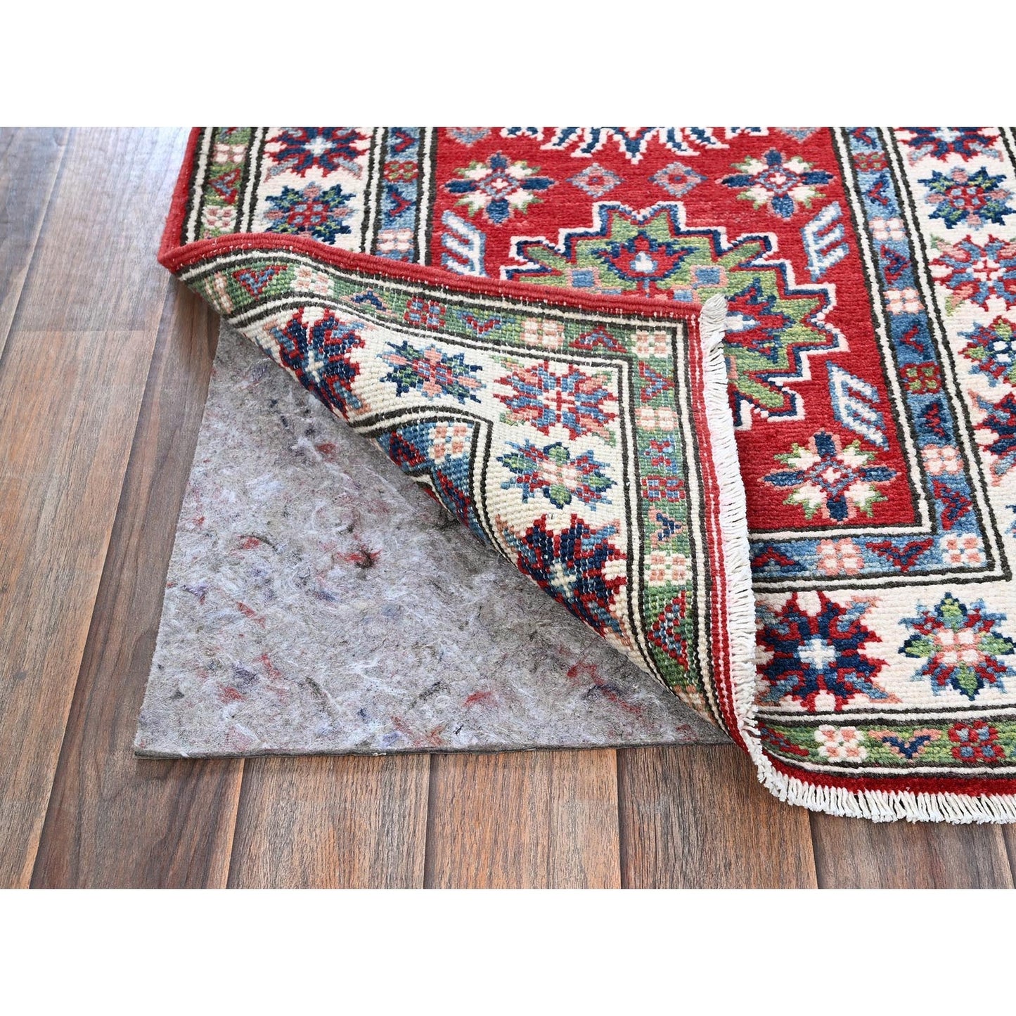 2'1"X6' Red Kazak With Tribal Design Hand Knotted Soft Wool Runner Rug