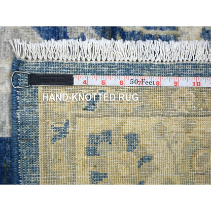 4'X10'3" Denim Blue Hand Knotted Fine Peshawar Wool Wide Runner Rug