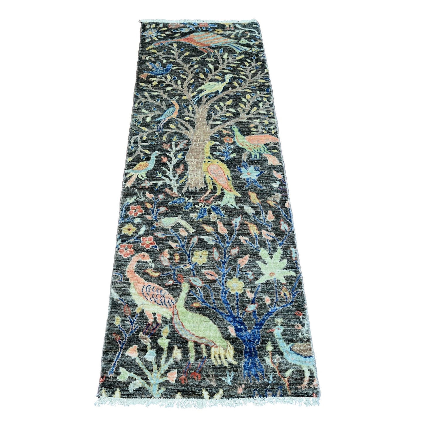 2'X6'2" Gray Hand Knotted Afghan Peshawar Birds Design Wool Runner Rug