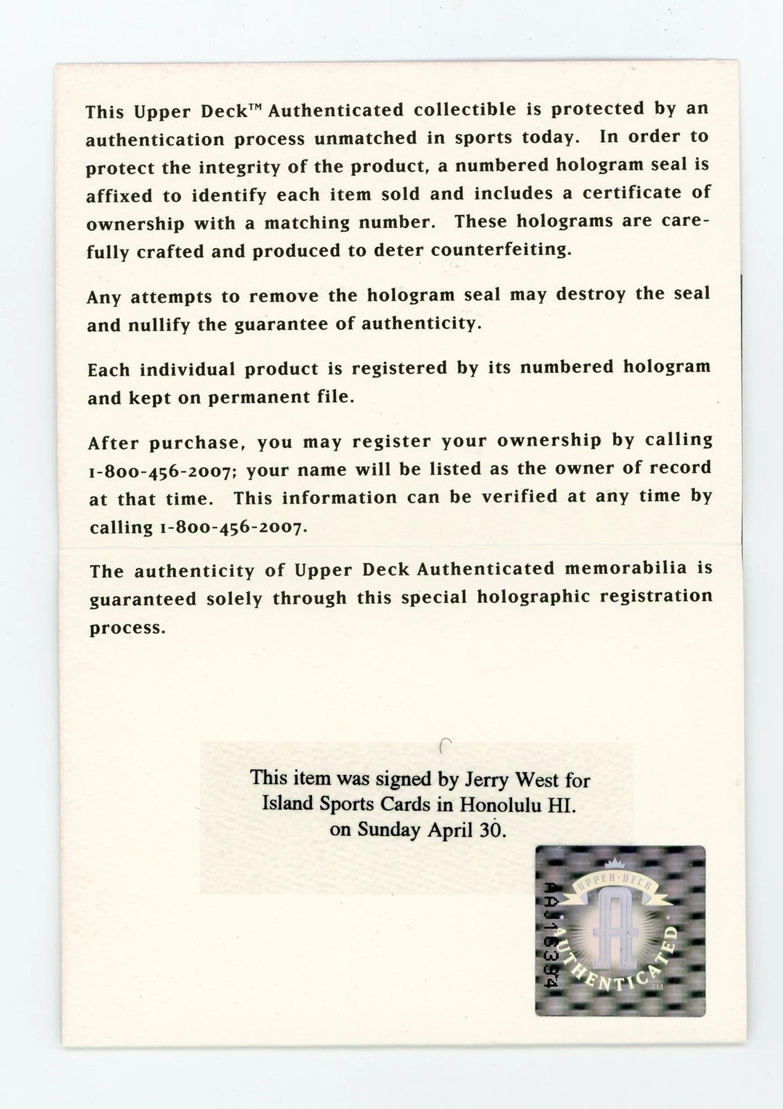 Jerry West Autographed 8X10 Basketball Photo (Upper Deck)