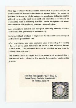 Jerry West Autographed 8X10 Basketball Photo (Upper Deck)