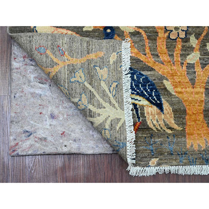 2'8"X5'8" Gray Peshawar Birds Design Hand Knotted Soft Wool Runner Rug