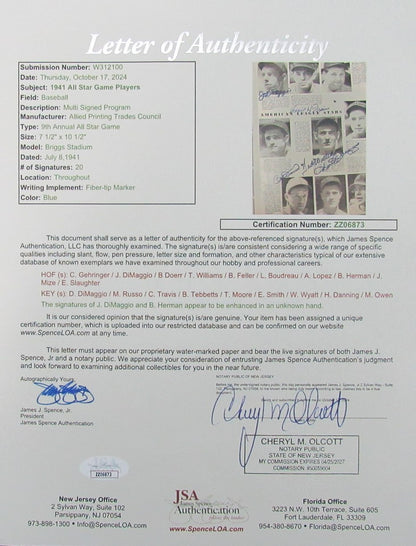 1941 All Star Signed/Auto (20) Program 10 Hofers