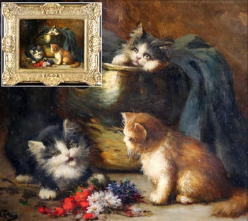 Charming 19Thc Oil Painting Three Kittens Attributed To Charles Hutin Signed