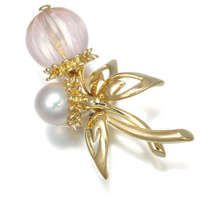 Mikimoto Brooch Rose Quartz Akoya Pearl 5.5Mm Flower 18K 750 Yellow Gold