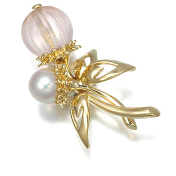 Mikimoto Brooch Rose Quartz Akoya Pearl 5.5Mm Flower 18K 750 Yellow Gold