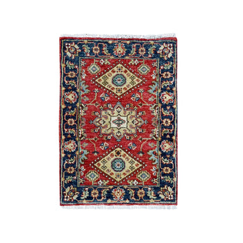 2'X3' Rich Red Karjihooz Geometric Medallions Wool Hand Knotted Mat Rug