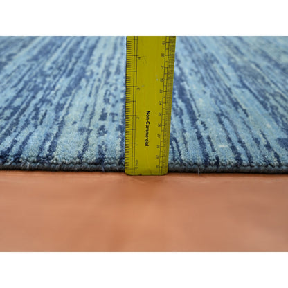 8'1"X10'4" Denim Blue Horizontal Ombre Design Pure Wool Hand Knotted Rug