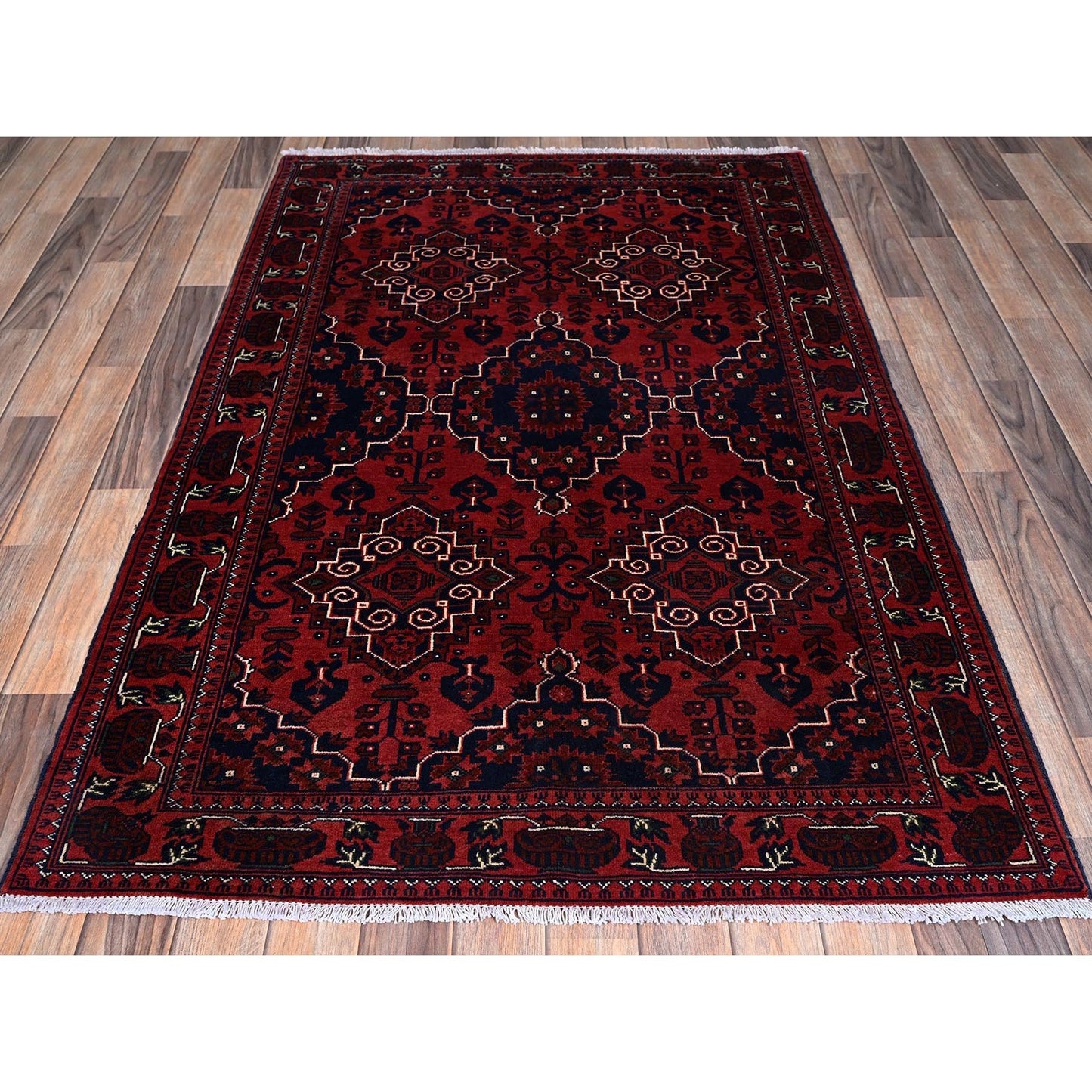 3'10"X6' Red Afghan Khamyab Geometric Design Hand Knotted Pure Wool Rug