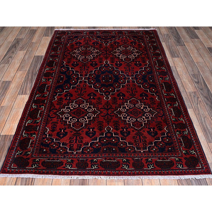 3'10"X6' Red Afghan Khamyab Geometric Design Hand Knotted Pure Wool Rug