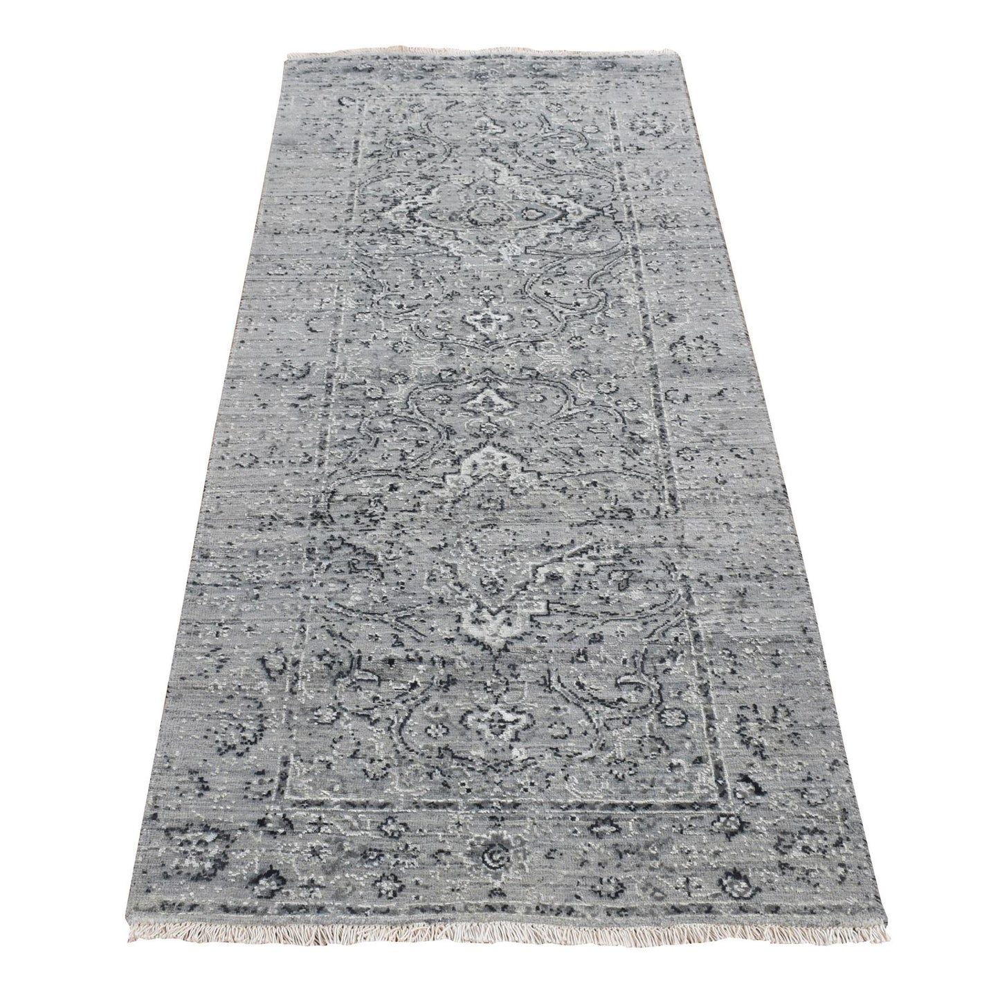 2'6"X6' Gray Zoroastrian Erased Design Silk/Wool Hand Knotted Runner Rug