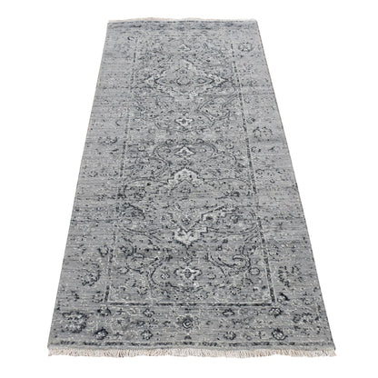2'6"X6' Gray Zoroastrian Erased Design Silk/Wool Hand Knotted Runner Rug