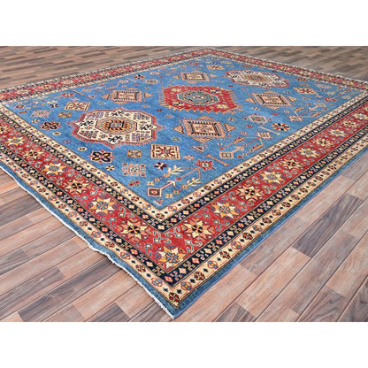9'2"X11'4" Blue Special Kazak Geometric Design Hand Knotted Wool Rug