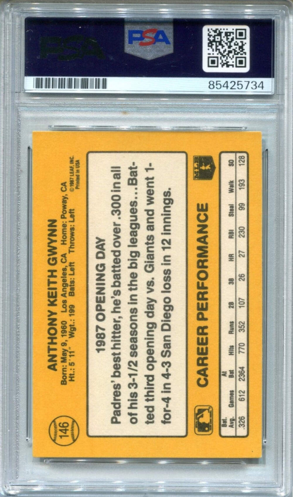 Tony Gwynn 1987 Donruss Psa Auto Authentic Autographed Card