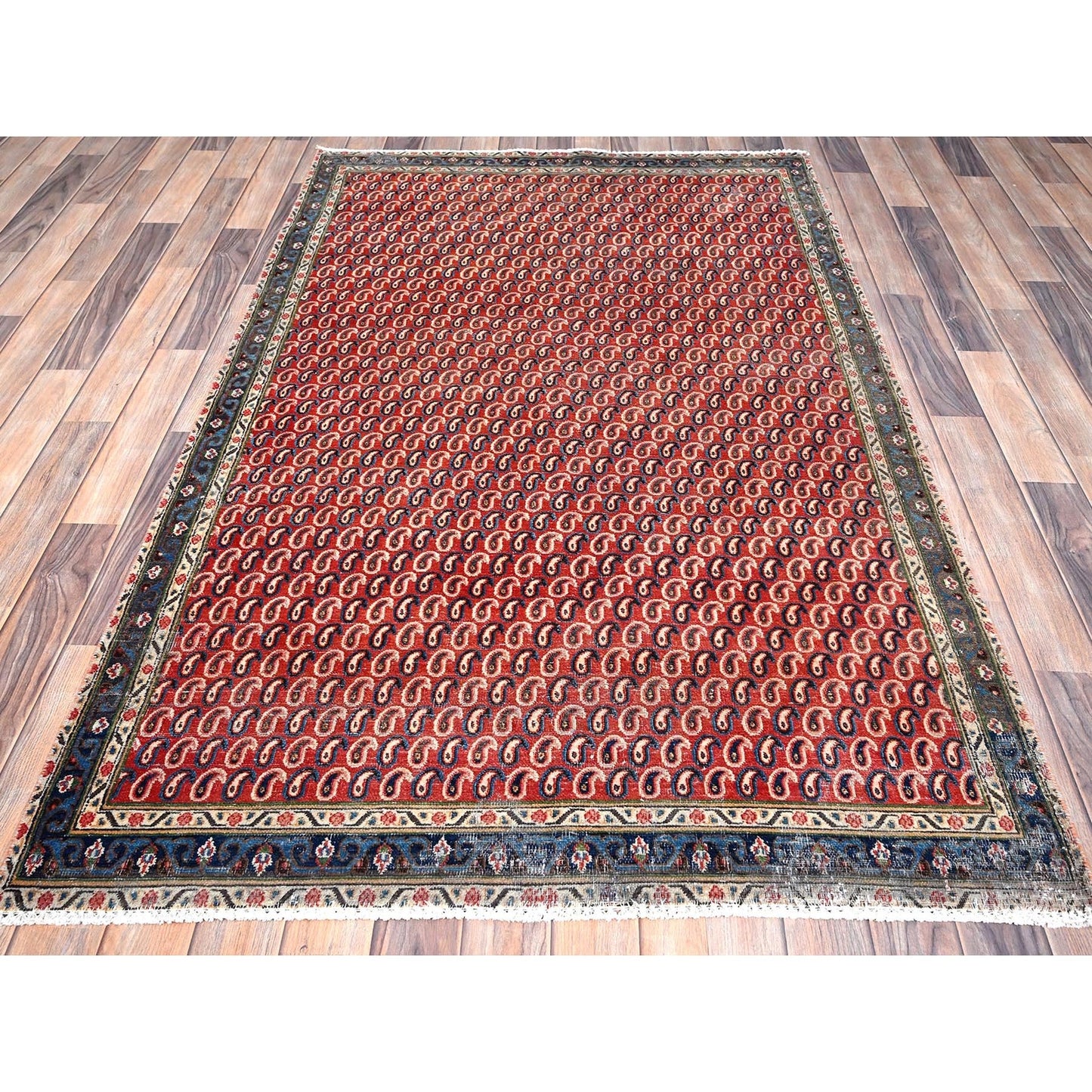 4'1"X6'7" Red Vintage Distressed Senneh Hand Knotted Wide Runner Rug