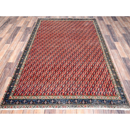 4'1"X6'7" Red Vintage Distressed Senneh Hand Knotted Wide Runner Rug
