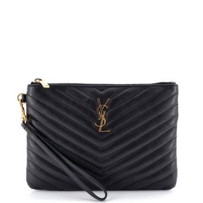 Saint Laurent Classic Monogram Wristlet Pouch Matelasse Chevron Leather Small
