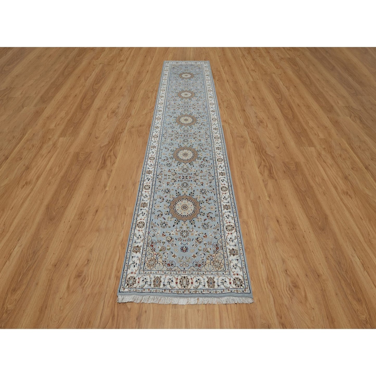 2'8"X12'9" Blue Nain Flower Design Wool And Silk Hand Knotted Runner Rug