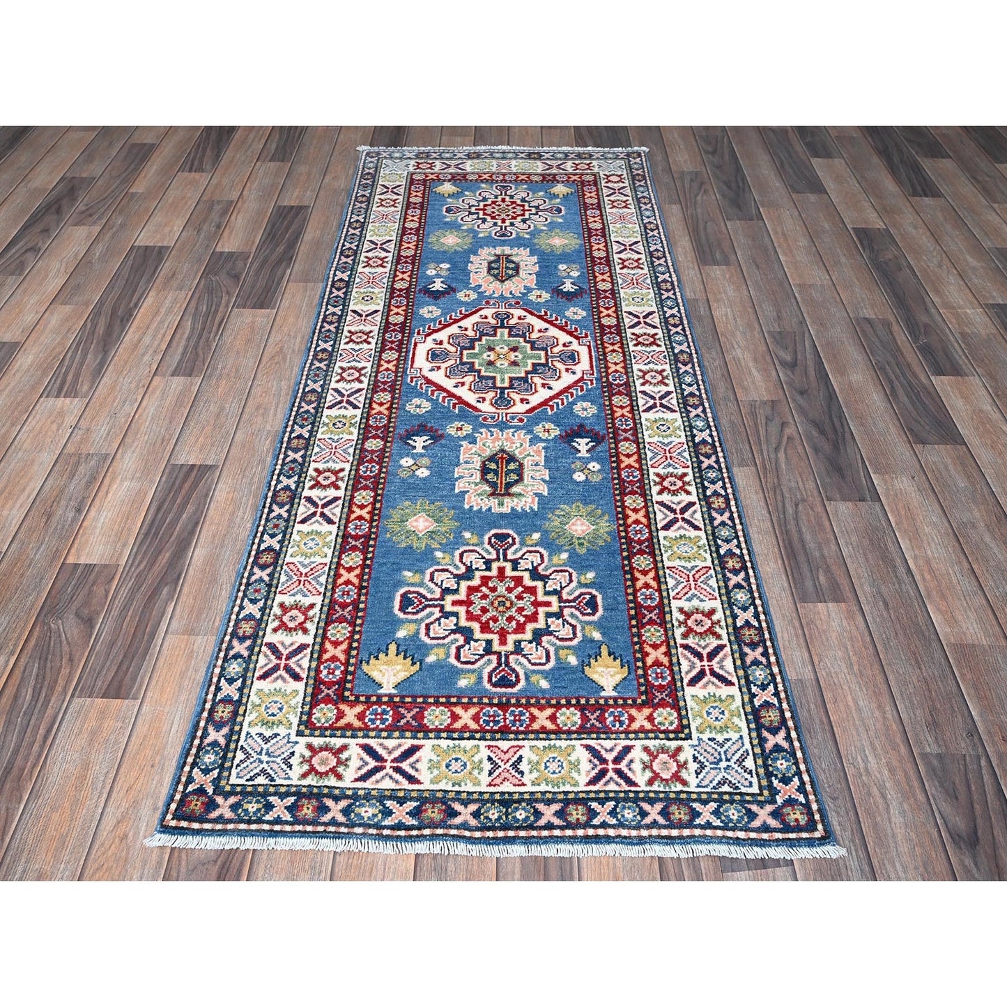 2'7"X6'7" Blue Kazak With Tribal Design Hand Knotted Soft Wool Runner Rug