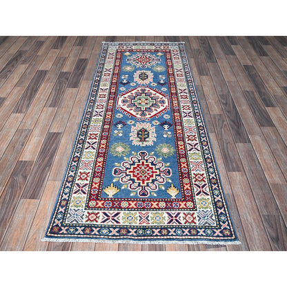 2'7"X6'7" Blue Kazak With Tribal Design Hand Knotted Soft Wool Runner Rug