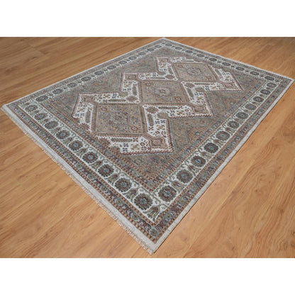 8'X10' Ivory Wool Rug Unique Flower Rosettes Border Design Hand Knotted