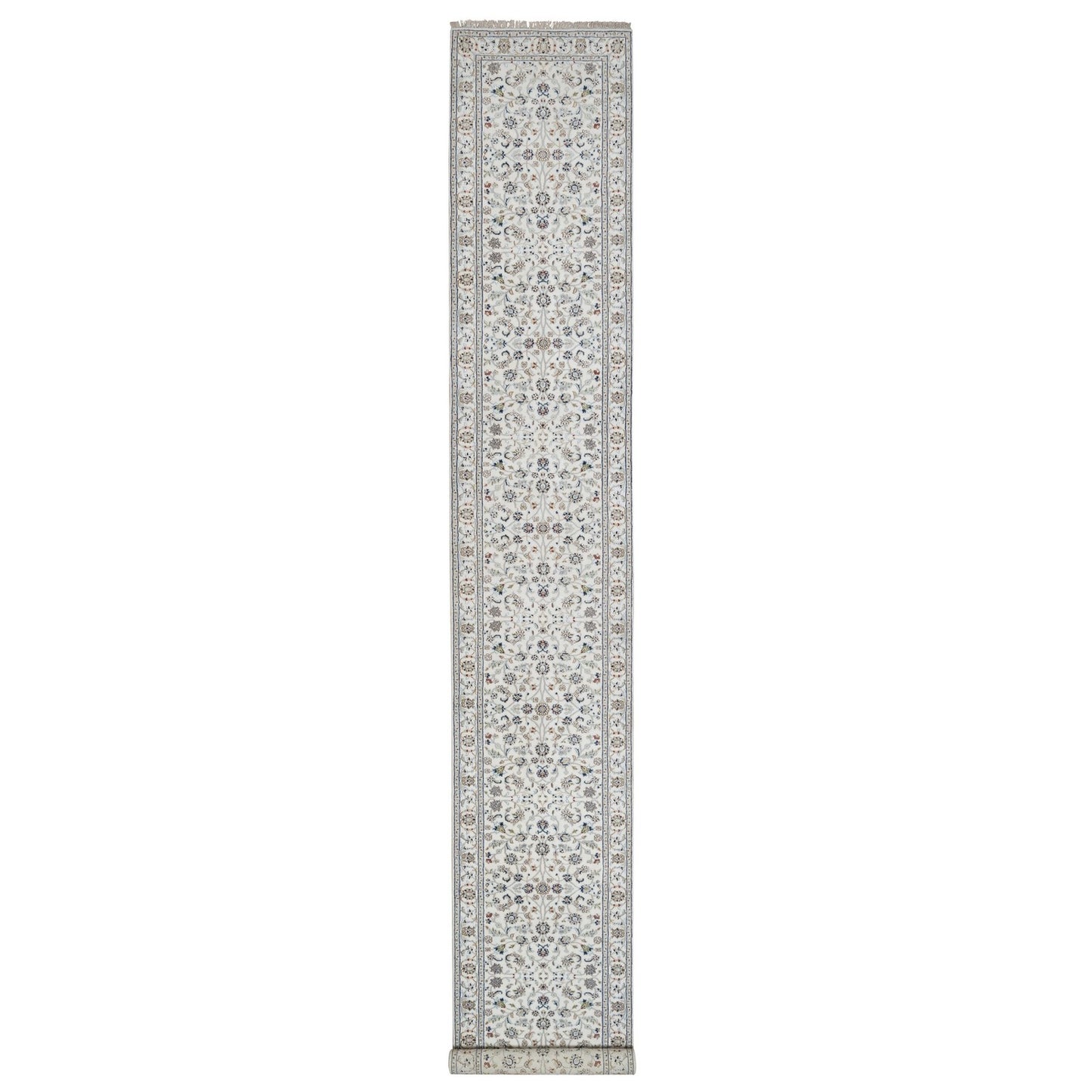 2'9"X18' Ivory Nain Flower Pattern Wool And Silk Hand Knotted Runner Rug