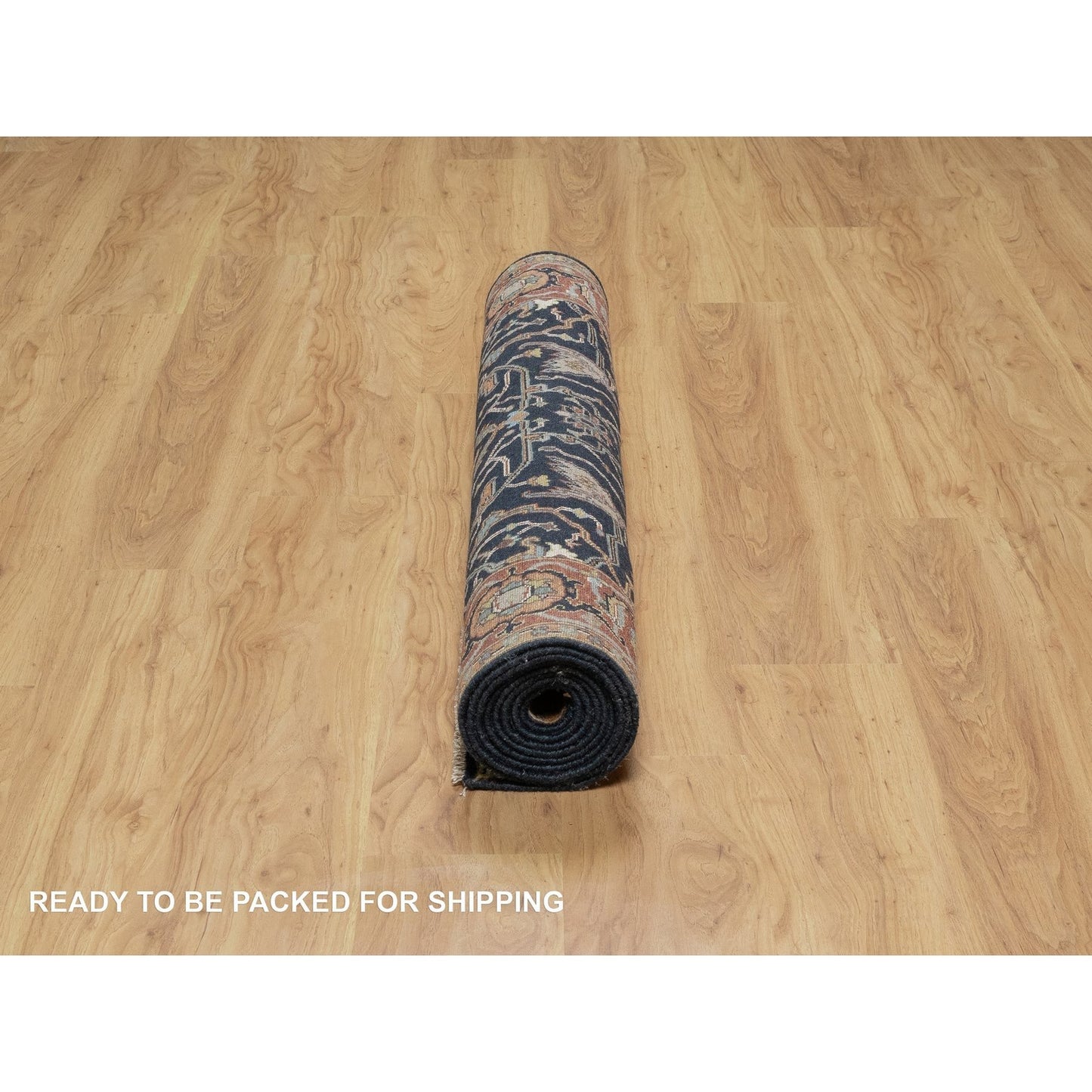 4'2"X10'2" Blue Antiqued Fine Heris Hand Knotted Natural Wool Runner Rug