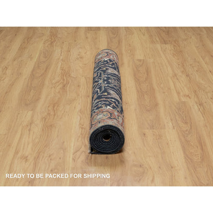 4'2"X10'2" Blue Antiqued Fine Heris Hand Knotted Natural Wool Runner Rug