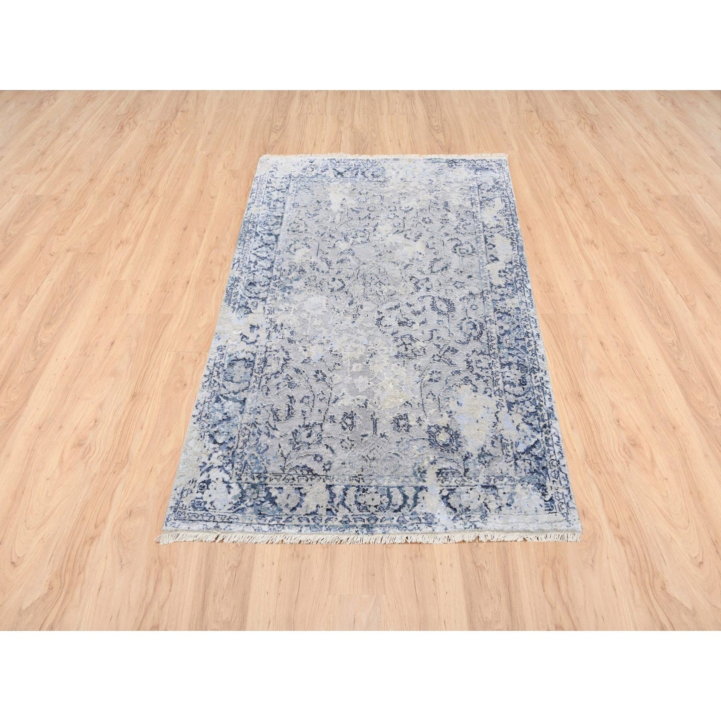 3'2"X4'10"Wool With Pure Silk Hand Knotted Gray Broken Kishoon Design Rug
