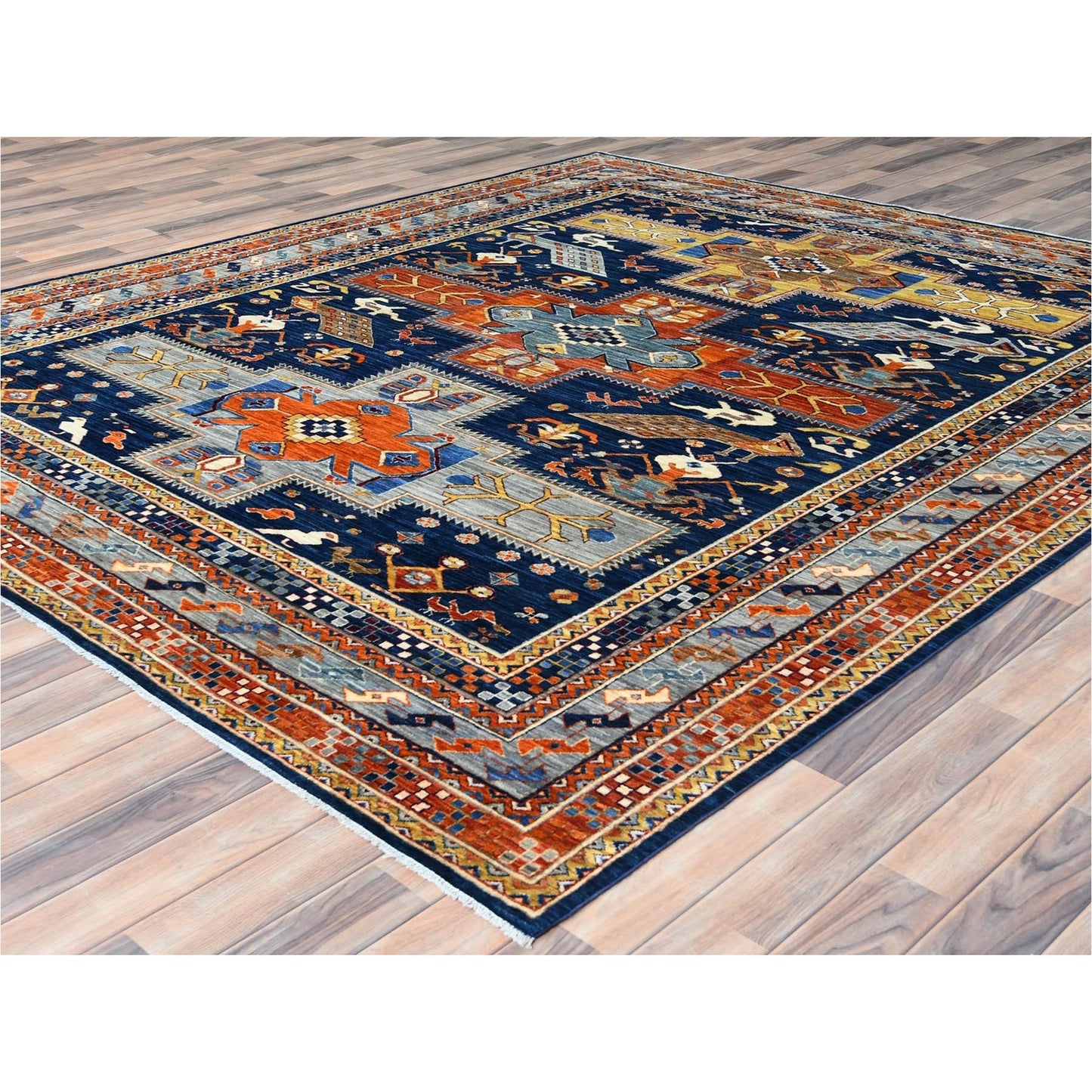 8'4"X9'7" Blue Wool Hand Knotted Armenian Inspired Design 200 Kpsi Rug