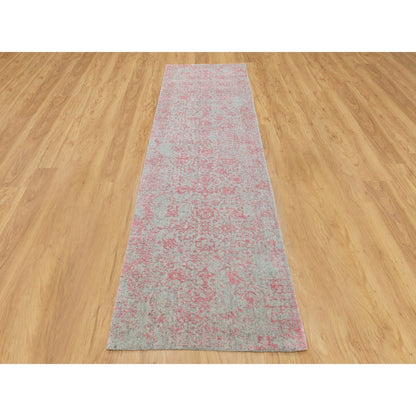 2'6"X9'10" Erased Farsian Design Wool & Art Silk Hand Loomed Jacquard Rug
